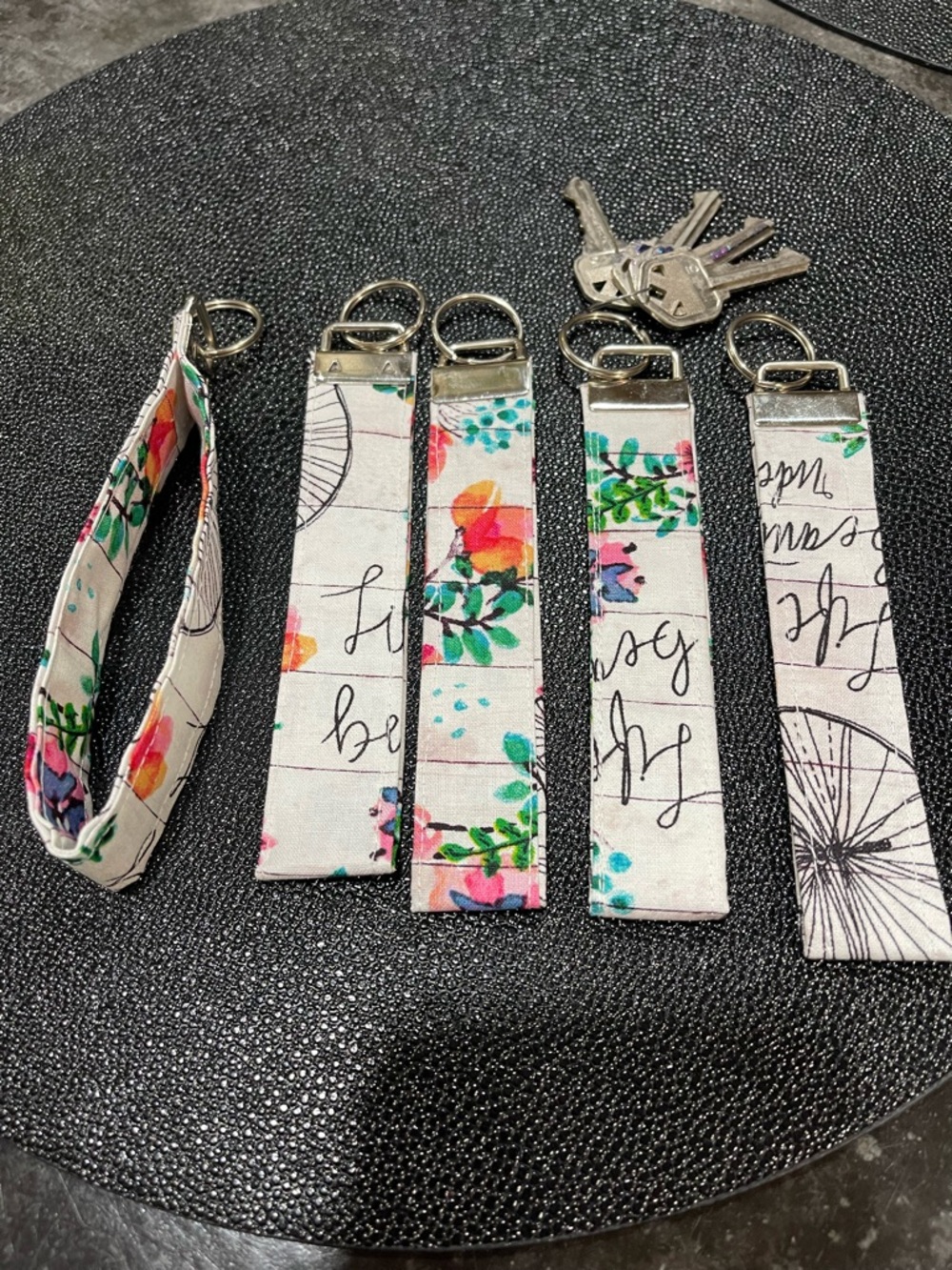 Floral Script Fabric Key Fob Wristlets hand made - Set of 5